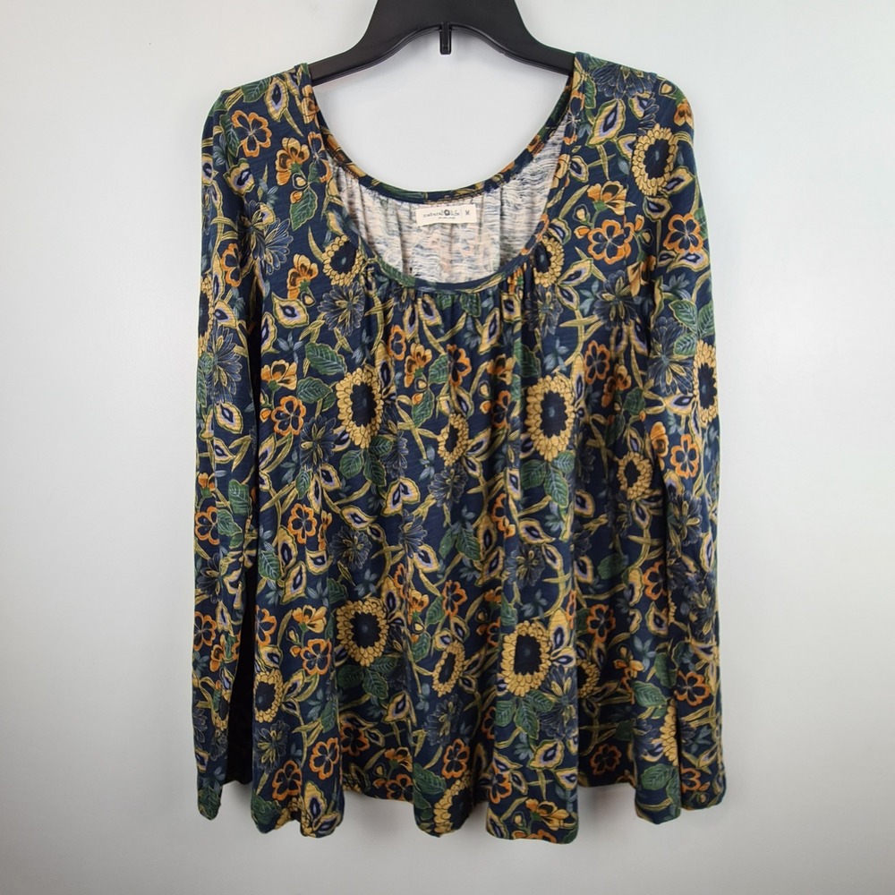 Natural Life Womens Iris Blue Floral Cotton Long Sleeve Swing Top M Boho Earthy
